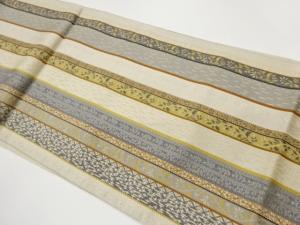 本場筑前博多銀通し縞に花唐草・幾何学模様織出し名古屋帯